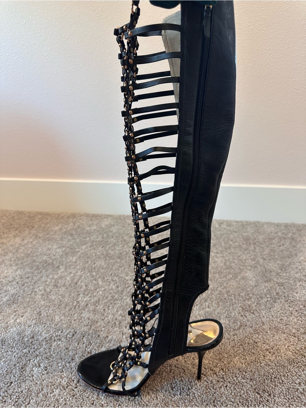 Sophia Webster Black Open Lattice Gold Studded Over-the-Knee Stiletto Boots - Picture 5 of 11
